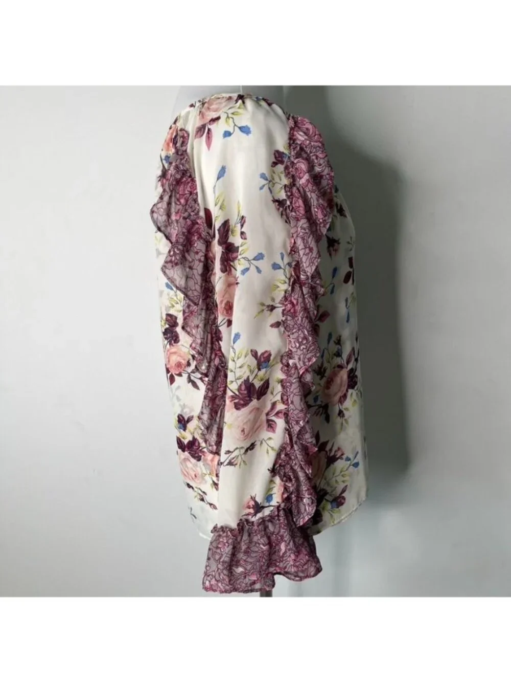 MISA Los Angeles Sia Floral Chiffon Ruffle Blouse XS Burgundy Cream Boho Tassel - Picture 7 of 12